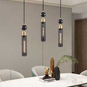 Modern Black and Gold 3-Light Pendant Chandelier, Adjustable Hanging Lights with Cylindrical Mesh Shades, E26 Base, Ideal for Dining Room Modern Black and Gold 3-Light Pendant Chandelier, Adjustable Hanging Lights with Cylindrical Mesh Shades, E26 Base, Ideal for Dining Room